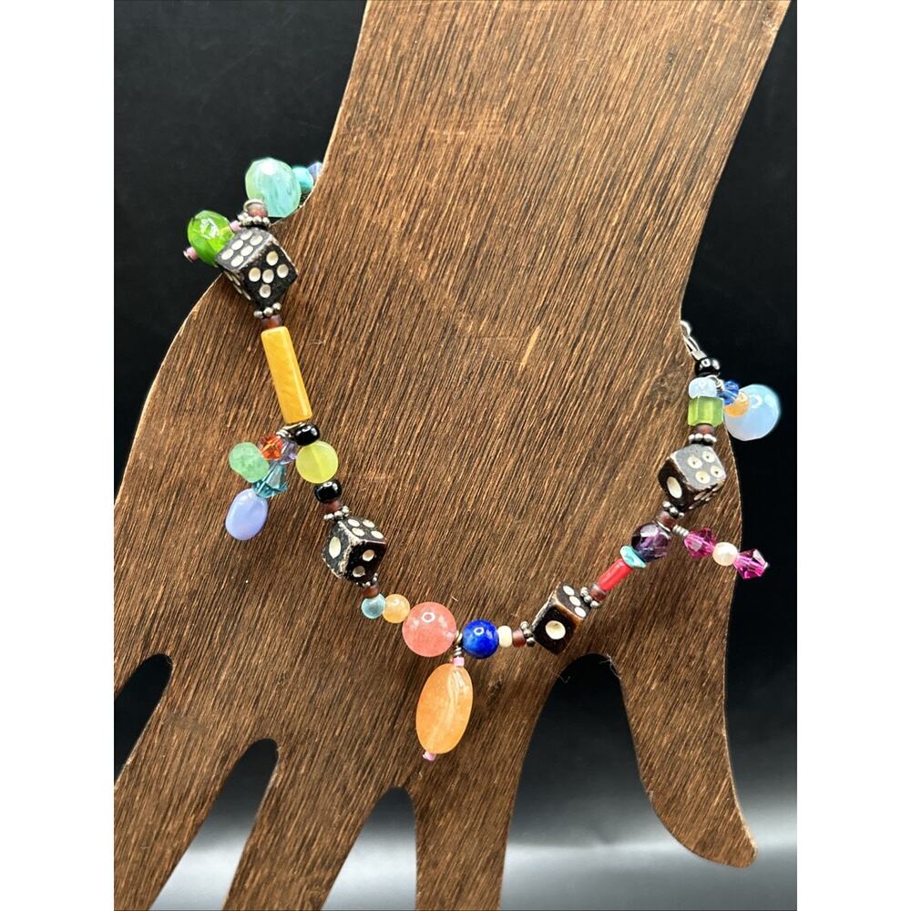 Beaded Lucky Dice Bracelet Size 8 with Multicolor Glass And Wood Die